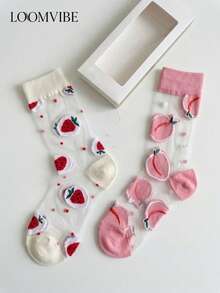 2双装女士透明草莓蜜桃色中筒袜，轻盈透气网眼袜，可爱水果长袜，适合夏季穿着 - 彩色 - 查看 7