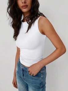 OUTBALL Women's White Boat Neck Sleeveless Tank Top Polyester Medium Stretch Cropped Cami For Summer - 白色 - 查看 4