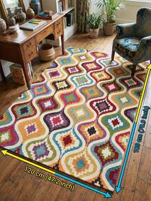 1 件波西米亚几何菱形图案毛绒地毯 - 多色设计，白色波浪边，柔软防滑低绒毛，适用于卧室和客厅 | 易于清洁的耐用浴室垫 - 彩色 - 查看 3