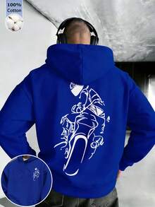 男士藍色棉質上衣，酷炫街頭風摩托車騎士印花設計，寬鬆連帽衛衣，適合春季穿著 - 藍色 - 查看 1