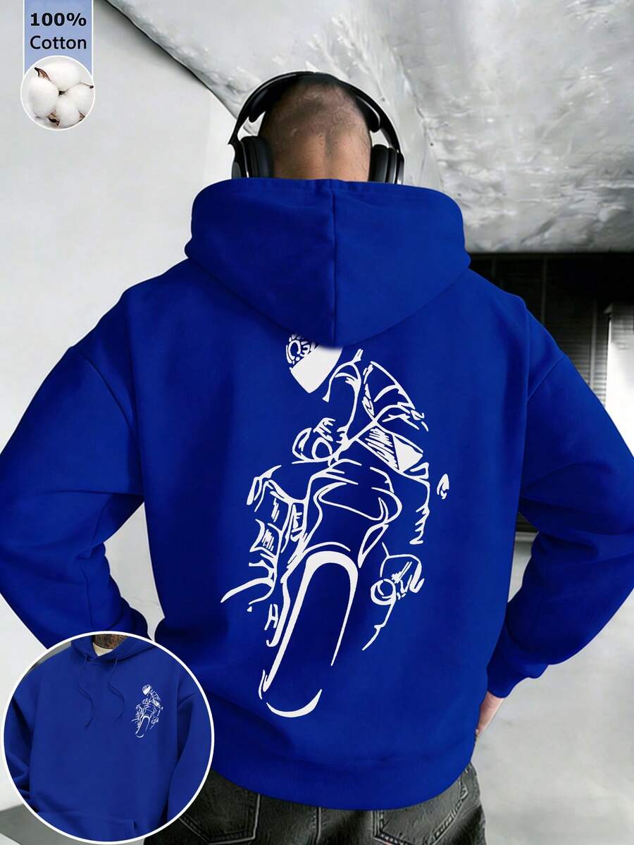 男士藍色棉質上衣,酷炫街頭風摩托車騎士印花設計,寬鬆連帽衛衣,適合春季穿著 - 藍色 - 查看 1
