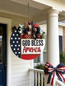 1pc Rustic 4th Of July God Bless America Door Sign, Patriotic Welcome Hanging Decor, Party Wreath With American Flag Ribbon Bow, Holiday Wall Decoration For Independence Day - Multicolor - View 4