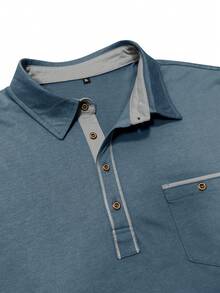 Plus Size Men's Fashion New Contrast Color Polo Shirt, Casual Solid Color Button Pocket Turndown Collar Top - Baby Blue - View 5