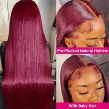 28英寸 #99J 酒红色蕾丝前假发，真人混纺发丝，预先拔毛，13x4 直发蕾丝前假发，真人前额发丝，200% 密度，无胶假发，高清蕾丝前额假发，女士款 - SBUG/99J - 查看 7