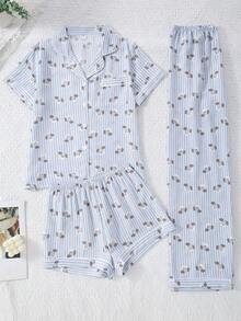 Bộ đồ ngủ 3 món dành cho nữ, chất liệu nhăn, kẻ sọc, in hình cún con. - Màu xanh nhạt - Xem 1