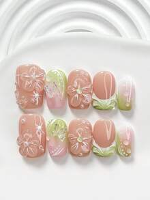 10件套夏季风手工美甲套装，包含凝胶美甲套装、3D极光蝴蝶、手绘五瓣实心花、手绘白色太阳和树枝、波点美甲装饰，以及美甲工具（1个果冻贴纸+1个指甲锉）。提供三种尺寸：方形、短方形和杏仁形指甲。适合派对、日常佩戴、庆祝活动、拍照、春夏通勤等场合。 - 彩色 - 查看 13