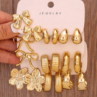 9对时尚度假优雅复古夸张花朵蝴蝶结水滴形CCB不对称耳环套装，适合日常、派对、晚宴、通勤等任何场合，是送给朋友、女友、成年人的绝佳礼物。