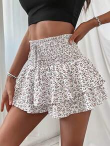Ditsy Floral Layered Ruffle Hem Skirt Shorts Vacation White Summer - White - View 5
