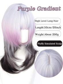 20英寸灰紫色渐变合成假发，带刘海，适合女性日常佩戴、洛丽塔角色扮演、万圣节、圣诞节、复古风格，耐热 - 拼色 - 查看 3