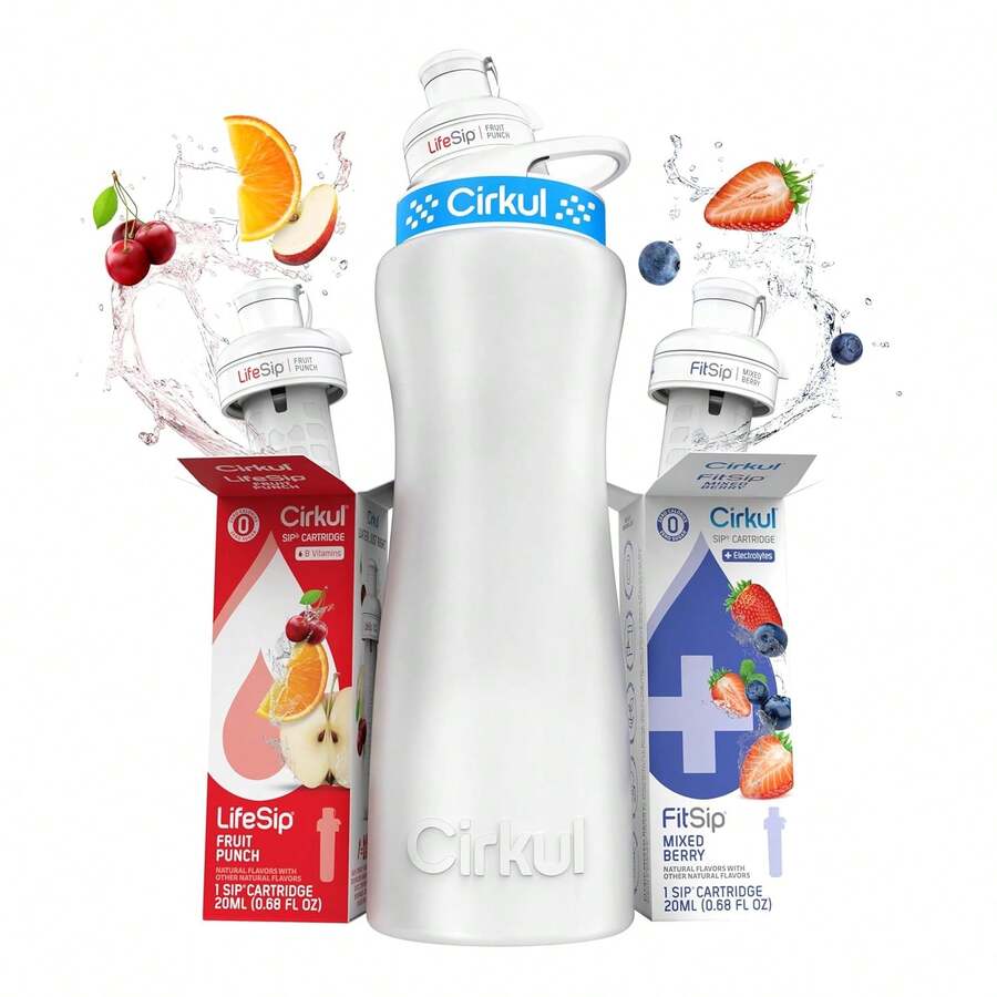 22oz.  Plastic Water Bottle Starter Kit With Blue Lid, 2 Flavor Cartridges (1 LifeSip Fruit Punch, 1 FitSip Mixed Berry) No Sugar, Zero Calorie Drink Mix