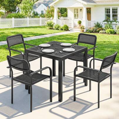 Outsunny 5 Pieces Outdoor Dining Set For 4, Square Faux Wood Metal Patio Table And Stackable Chairs With Plastic Rattan Effect Seat, Patio Furniture Set For Garden Backyard, Black