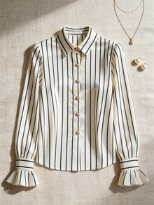 Women's Striped Lapel Ruffle Cuff Single-Breasted Casual Versatile Commuting Long Sleeve Shirt - Mixed Colors - View 5