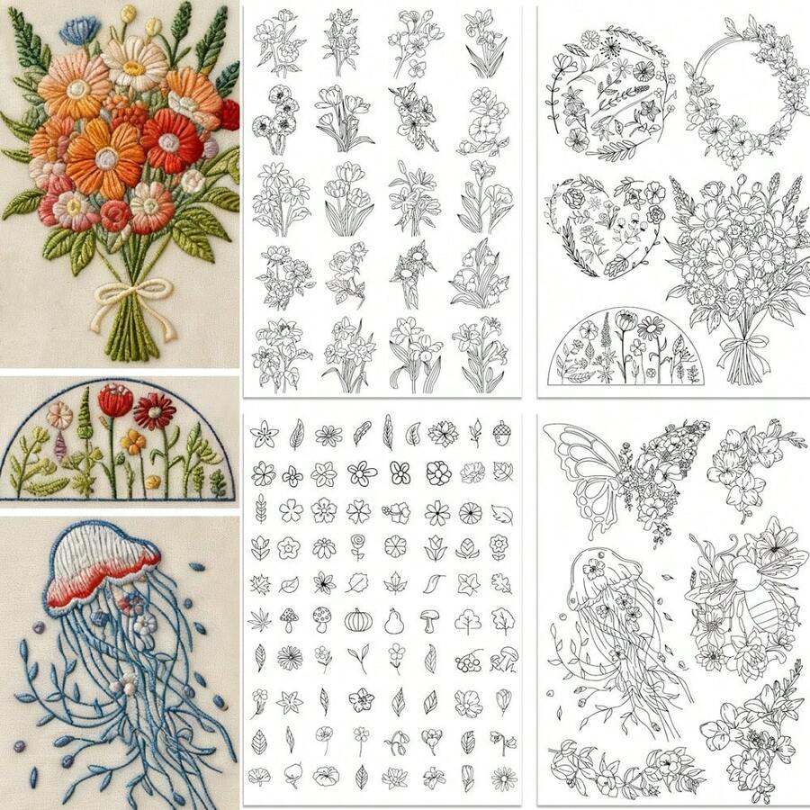 2 hojas de estabilizador de bordado pre-impreso, autoadhesivo, hidrosoluble y no tejido para principiantes, manualidades de costura a mano, ropa, bolsos, sombreros, accesorios y decoración