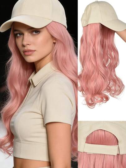 Pink Hat Wig For Women Wave Baseball Cap Wig With Curly Hair Extensions Wig Synthetic Wave Wig Hat Adjustable Baseball Hat Wig