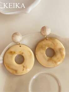 1 Pair Marble Texture Hollow Hoop Earrings, Vintage Exaggerated Casual Resort Party Fashion Earrings For Women - White - View 4