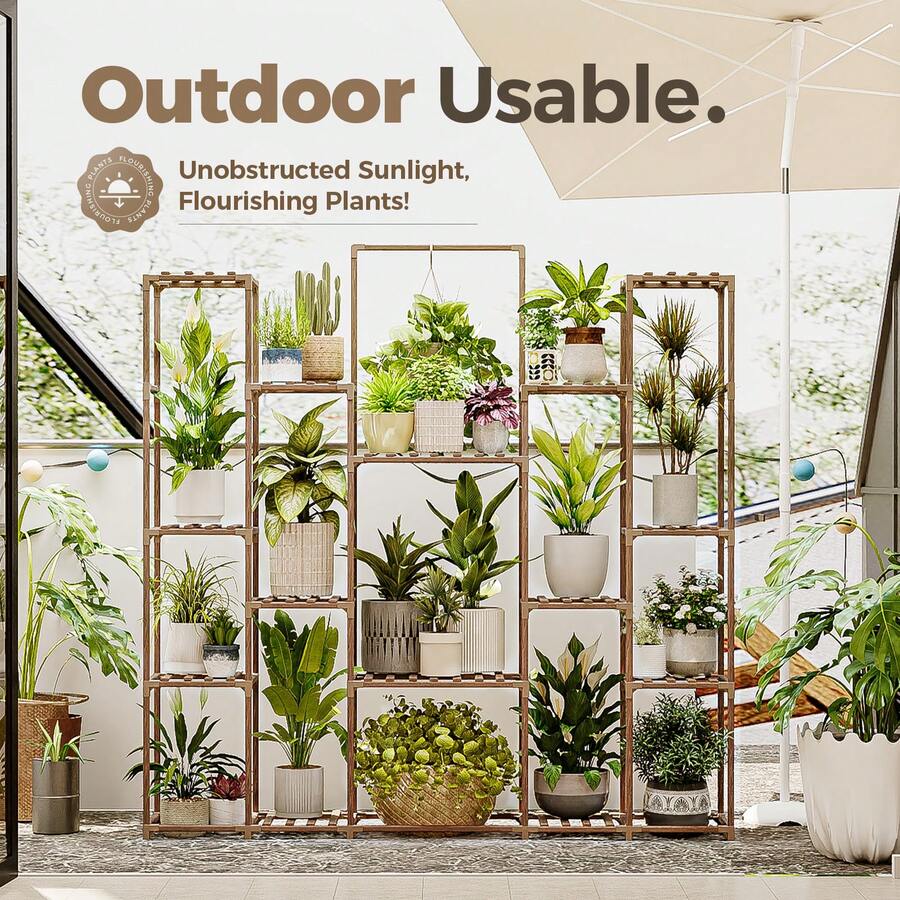 Large Plant Shelf Plant Stand Indoor Hanging Tall Outdoor Plant Holder Wood For Multiple Plants Plant Rack For Living Room Garden Balcony Flower 17 Pots Wide - Brown - View 1