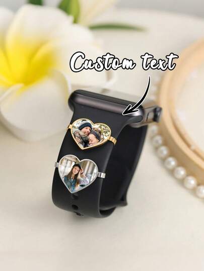 1pc Custom Photo Heart-Shaped Metal Watch Decoration - Personalized Picture Strap Charm, Zinc Alloy Adjustable Jewelry Pendant For Women & Men, Elegant Couple Gift For Wedding, Anniversary, Valentine's Day, Mother's Day, Metallic Finish