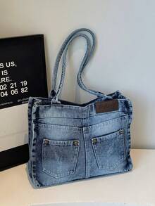 Nueva bolsa de hombro tipo tote de jeans lavados con estilo casual y chic, diseño exclusivo, bolso de mano fashionable para la calle, adecuado para compras y viajes, perfecto para la chica vaquera - Azul - Ver 10