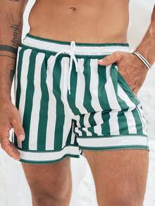 Pantalones cortos de playa casuales con cordón y rayas para hombres - Verde - Ver 1