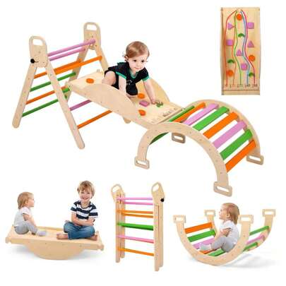 Gimnasio educativo basado en el desarrollo infantil de escalada 9 en 1 para niños - Set de madera plegable con triángulo método de juego infantil, arco balancín, rampa reversible, pinball y subibaja