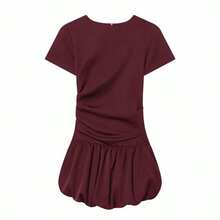  Women Casual Pleated Spliced Short Dress Spring Summer Women Slim Short Sleeve A-Line Puffy Dresses Female Holiday Dress Elegant Red - Red - View 2