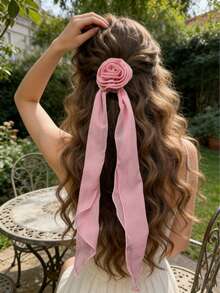1个波西米亚粉色花朵发夹，长款丝巾发圈，实用发饰，适合女性，夏季、假日、旅行，头部配饰 - 彩色 - 查看 2