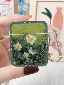 1pc Painted Green Leaf & Flower Square Earphone Case, Compatible With AirPods 3, Apple Bluetooth Earphones Pro/Pro2 - Multicolor - View 6