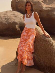 女士海滩度假套装，新款春夏印花波西米亚风多层不对称/不对称下摆半身裙，适合日常出行、度假、约会、情人节等场合。 - 彩色 - 查看 2