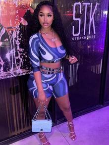 Fashion Tight And Sexy Digital Printed Pants Set - Màu xanh lam - Xem 1