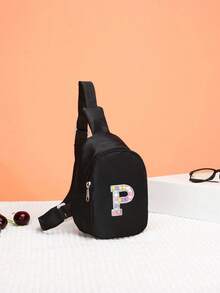 1pc Mini Nylon Zipper Closure Fashion Letter Chest Bag, Unisex Casual Multipurpose Pouch (Includes DIY Letter Stickers) - Black - View 5