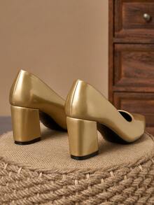 MonaNise Women's Pointed Toe Fashion 7cm Chunky High Heel Shoes, Versatile For Parties, Casual And Formal Occasions - Gold - View 7
