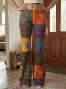 Pantalon évasé à imprimé bohème aléatoire pour préadolescentes, pantalon décontracté vintage hippie à taille élastique, tenue de rue rétro décontractée Y2K - Multicolore - Voir 4