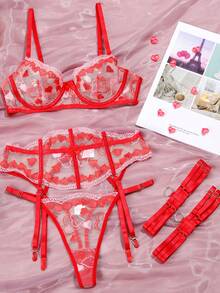 女士性感内衣网纱透视吊带背心塑形三件套 - 紅色 - 查看 2