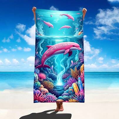 1pc Underwater Dolphin & Coral Beach Towel, Super Soft Microfiber Extra Large Beach Blanket, Super Absorbent Bath Towel, Suitable For Travel, Swimming Pool, Diving, Surfing, Yoga, Camping, Available In Multiple Sizes, Beach Accessories