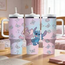 Disney 1个大容量带把手保温杯，印有可爱的史迪奇和天使图案，不锈钢真空保温杯，带吸管，容量1200毫升，盒装，带防伪码 - 史迪奇和安琪 - 查看 3