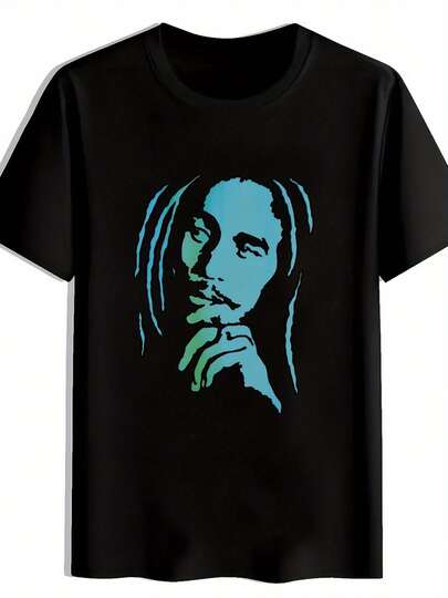 Men's Bob Marley Portrait T-Shirt - Side Graphic Design - Casual T-Shirt - Machine Washable Reggae Idol Apparel - Fan Birthday Gift (Black Printed T-Shirt) - Eye-Catching Print Design For Summer Wear, Easy-Care Top, A Must-Have For Music Lovers, Available At Local Community Stores, Quick Release, Soft Cotton Comfort, Enjoy Discounts On Easter, Halloween, Thanksgiving, Etc  Women Y2k Spring Clothes Women Cotton  Clothes Women Tops Cute Tops White Tops Streetwear Women Black Tops For Women 90s Party Outfit V Neck Tops Baggy T Shirts Baggy T Shirts Baggy Top Cotton T Shirt Women T Shirt Women Tshirts For Women Seasonal Apparel Breathable Material,Festive-Unisex