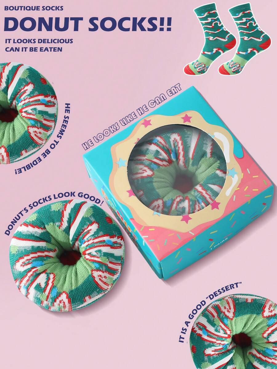 A Pair Of Great-Value Multicolor Mid-Calf Gift Socks, Available In Couples' Styles For Men In Gift Box Packaging. Soft Donut-Themed Novelty Socks With Whimsical Food-Inspired Creative Designs, Comfortable And Versatile, Perfect As Birthday Gifts, For Valentine's Day, Easter, Ramadan, Dates, Family Gatherings, Parties, And Other Holiday Occasions