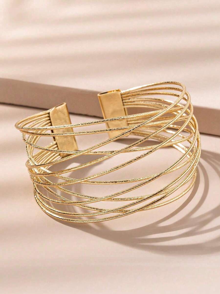 1pc Fashionable Women's Multi-Layered Crossed Pure Metal Decor Open Bangle - Gold - View 1