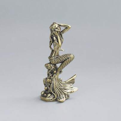 1pc Solid Brass Mermaid Statue - Handcrafted Metal Collectible, Smooth Hair & Tail, Beautifully Designed Scales, Indoor/Outdoor Home Office Decour, Living Room, Bedroom Tabletop Decor, Fish Tank Embellishment - Elegant Mermaid Sculpture For Valentine's Day, Christmas, Birthday Gifts