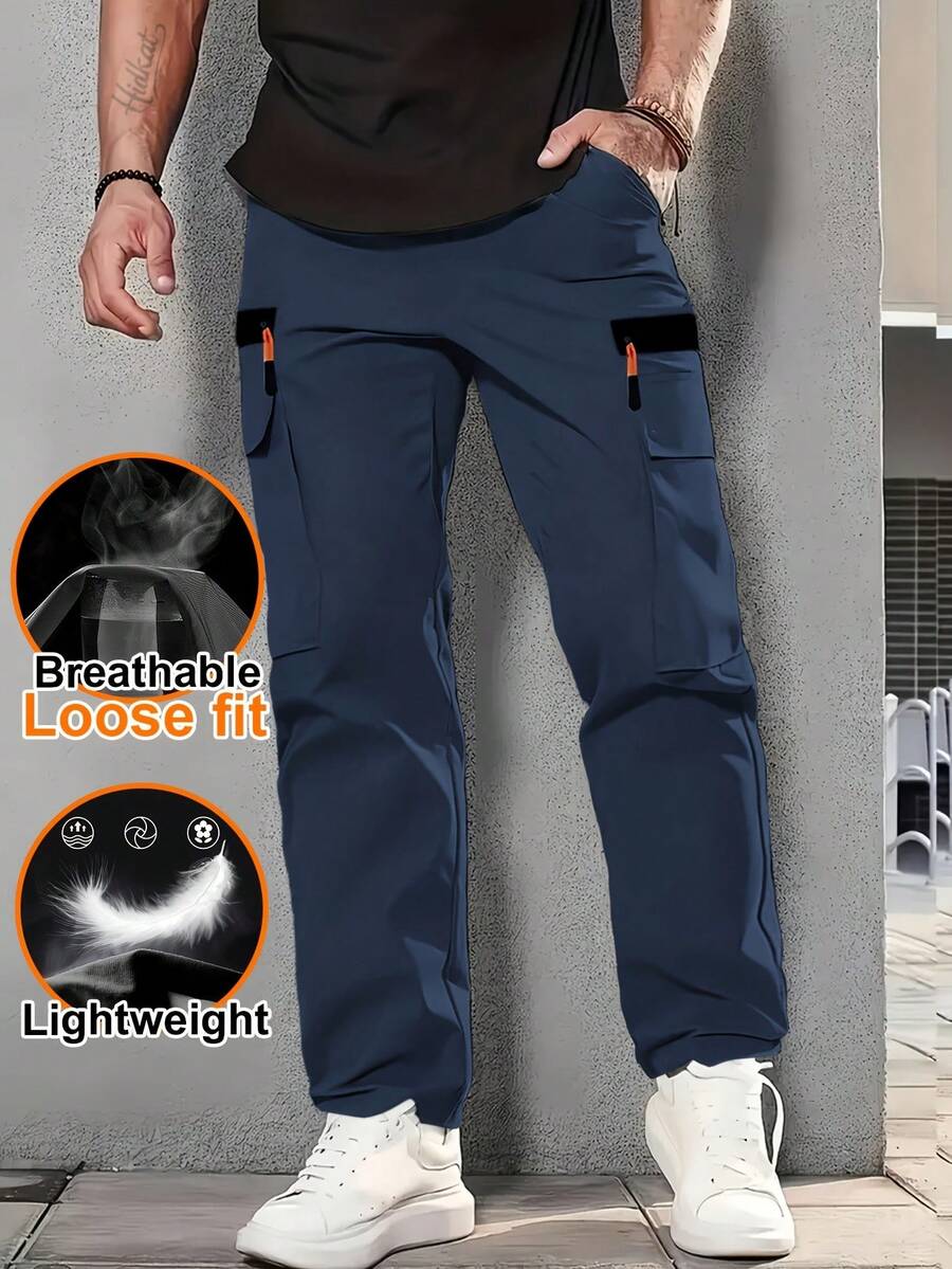 Men's Outdoor Multi-Pocket Cargo Pants, With Drawstring Waistband Design, Provides Ample Storage Space Sports - Navy Blue - View 1