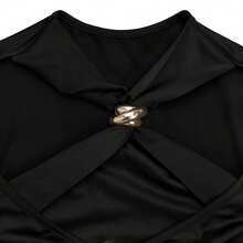 Sexy Sheer Long Sleeve Bodycon Dress, Black Stretchy Fitted Style With Metal Embellishments, Suitable For Dates And Parties Wedding Party Spring - Black - View 8