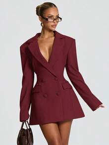 Women's Elegant Business Suit Dress, Deep V Neck Long Sleeve Ruffle Waist Cinched, Spring & Fall Office Wear, Plain Style - Màu Đỏ Sâu - Xem 1