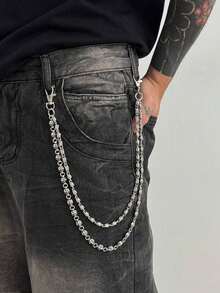 1pc Unique Hip-Hop Geometric Metal Chain Belt, Used For Pants Decoration, Multi-Layer Flower Paperclip Chain Body Chain, Suitable For Men's Daily Wear And Parties, Ideal Gift For Men, Birthday Gift, Holiday Gift - 銀色 - 查看 3