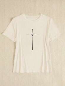 Camiseta de manga corta casual de ajuste ceñido para mujer con patrón de cruz para ropa de Año Nuevo - Negro 2 - Ver 4