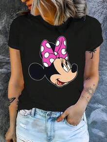 Disney 1件女士短袖T恤，米妮图案印花，圆领，弹力面料，易打理，适合日常穿着，时尚女士短袖T恤，休闲服饰 - 黑色 - 查看 3