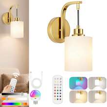 Juego de lámparas de pared inalámbricas recargables en color dorado/negro, lámpara de pared con pantalla de tela con 15 colores, luz de pared con batería, con control remoto y bombilla regulable, decoración de pared para dormitorio y sala de estar - 1 - Ver 2