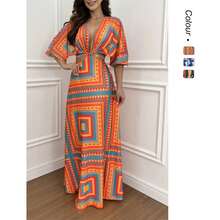 Elegant Women's Maxi Dress With V-Neck, Beach Vacation Dress. - 橘色 - 查看 4