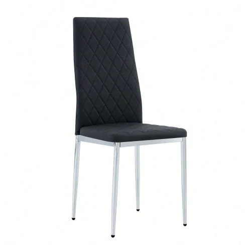 Set Of 4 White Dining Chairs, Diamond Pattern Faux Leather Upholstery, Metal Legs, Modern Style For Kitchen, Living Room, Cafe And Home Office. - Black - View 1
