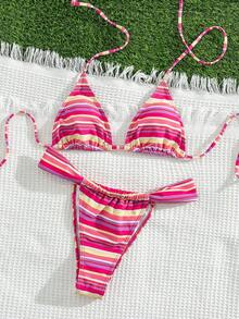 Bộ bikini hai mảnh gợi cảm tối giản dành cho nữ, họa tiết kẻ sọc, kiểu buộc dây cổ, thích hợp cho bãi biển, kỳ nghỉ, hẹn hò, bộ sưu tập mới mùa xuân/hè. - Sọc đỏ hồng - Xem 2