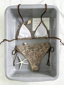 Bộ bikini buộc dây kiểu Bohemian cổ chữ V, họa tiết lá phong, chất liệu vải móc, thích hợp cho kỳ nghỉ hè. - màu nâu - Xem 2